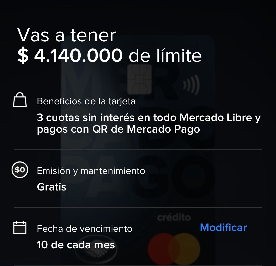 Detalles de la tarjeta de crédito de Mercado Pago