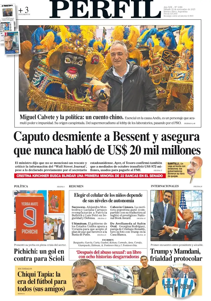 La tapa del Diario PERFIL del sábado 22 de noviembre de 2025