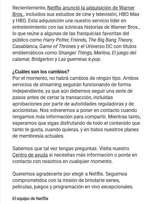 Comunicado de Netflix